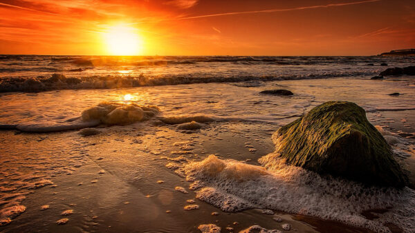 Wallpaper Beach, Sunset, Waves, And, With, Rock, Golden, Coast, Sky, Desktop, Under, Foam