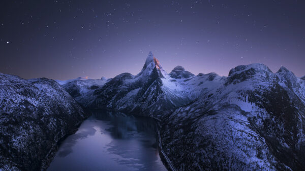 Wallpaper Under, Starry, With, Nighttime, Mountain, Pond, Norway, Winter, Desktop, Sky, Peak, And, During, Snow