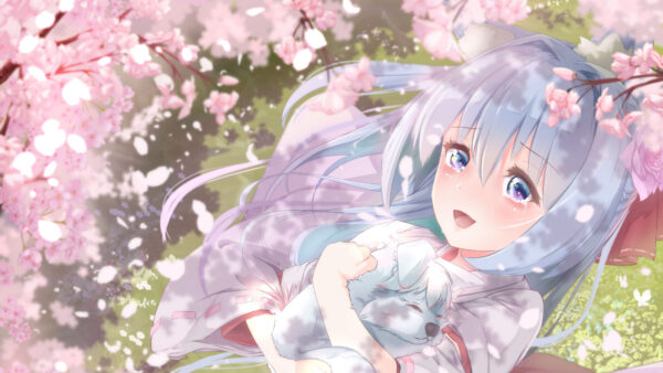 Wallpaper Anime, Neko, Girl, Pink, Blossom, Hair, Ears, Flowers, Purple, Trees, Eyes, White