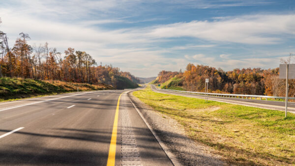 Wallpaper Trees, Colorful, And, Grass, Slope, Desktop, Autumn, Sky, Road, Between, Blue, White, Mobile, Under, Clouds, Green
