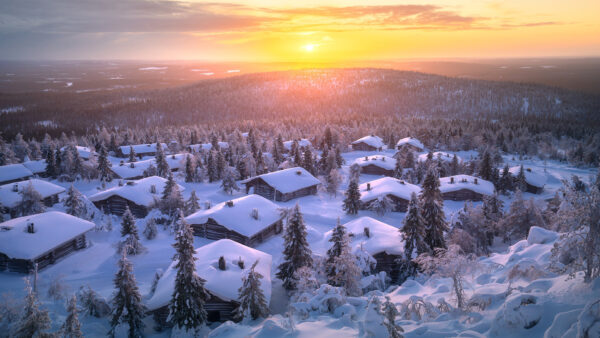 Wallpaper Sunrise, Covered, Forest, Houses, During, Snow, Winter, Village, Trees