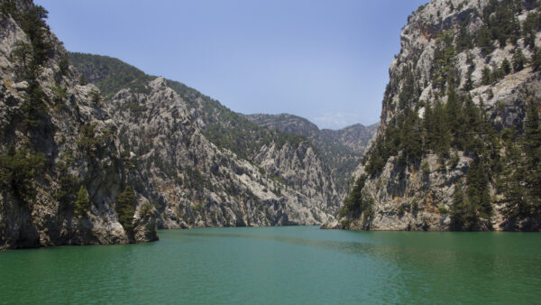 Wallpaper Nature, Mobile, Desktop, Between, Blue, Under, River, Mountains, Sky, Trees