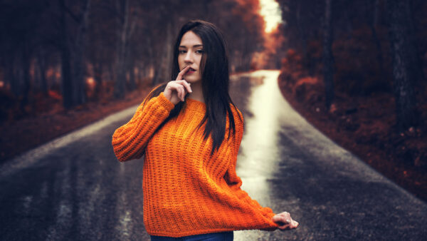 Wallpaper Wearing, Forest, Road, Background, Dress, Girls, Orange, Blue, Girl, And, Model, Blur, Top, Standing, Jeans