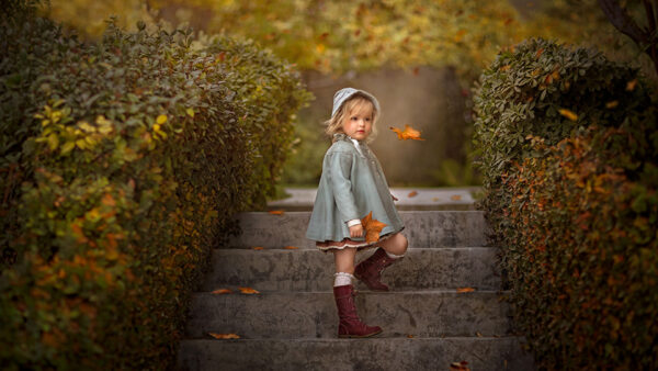 Wallpaper Stairs, Dress, Little, Standing, Bokeh, Cute, Grey, Girl, Color, Background, Wearing, Light, Foliage