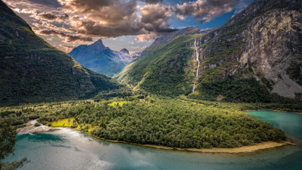 Wallpaper From, White, Black, Landscape, Nature, Mountain, River, Waterfalls, View, Blue, Greenery, Clouds, Under, Sky