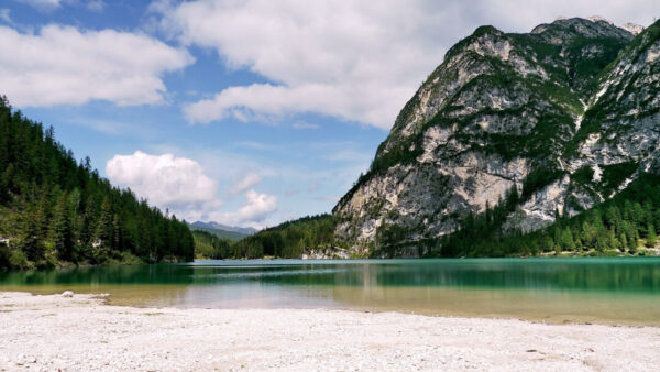 Wallpaper Covered, Clouds, River, Trees, And, White, Mountains, Sky, Nature, Between, Under, Bushes, Blue, Green