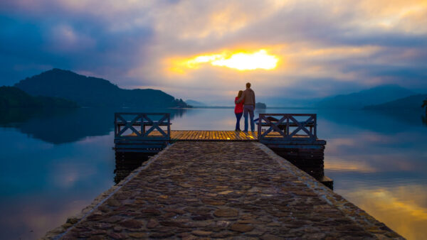 Wallpaper Yellow, Wood, Dock, Couple, White, Background, Blue, Standing, Sky