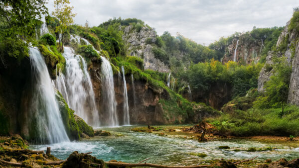 Wallpaper Pouring, Waterfalls, Trees, Beautiful, Nature, Rock, Mountains, Greenery, Bushes, River