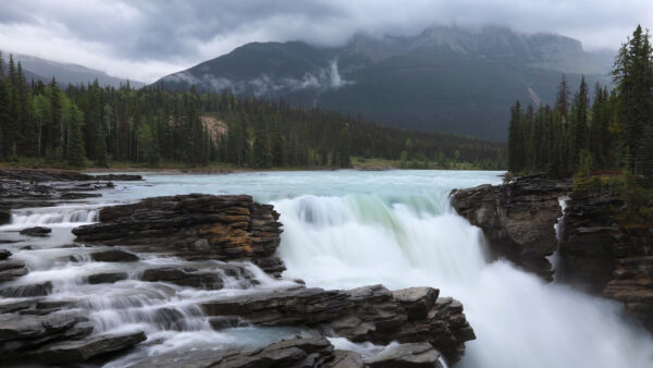 Wallpaper Landscape, Canada, Desktop, Waterfall, Athabasca, River, Fog, Mountains, National, Jasper, Nature, Alberta, With, Park
