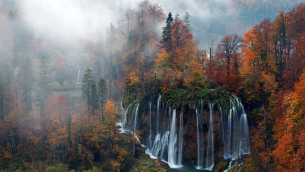 Wallpaper Desktop, Mountains, Pouring, Waterfalls, Beautiful, Nature, Mobile, Autumn, Surrounded, Trees, River, From, Colorful, Fog, With