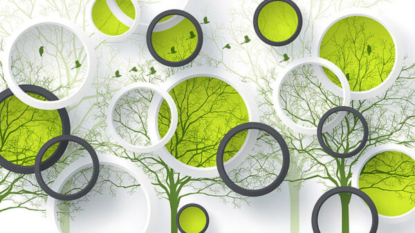 Wallpaper Green, Branches, Circle, Tree, White, Abstraction, Birds, Art, Abstract