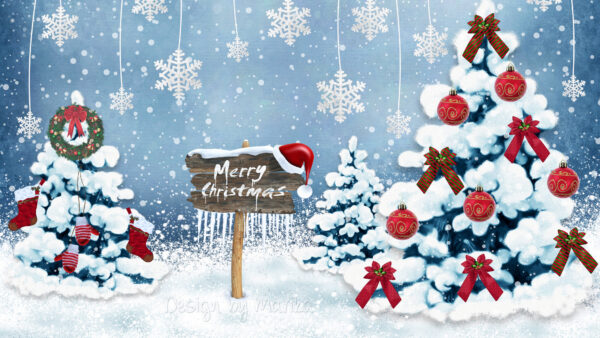 Wallpaper Merry, Background, Desktop, And, Board, Snowflake, Balls, Tree, Christmas, Snow, Word, Decoration, Covered