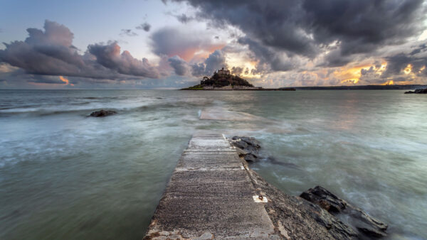 Wallpaper Pier, View, Under, Ocean, Clouds, Landscape, White, Mobile, Desktop, Waves, Sky, Black, Nature, Castle