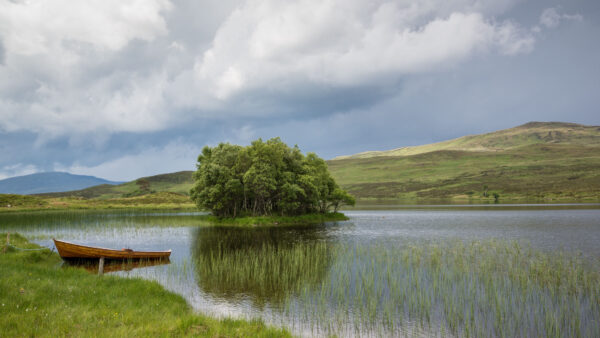 Wallpaper Mobile, Blue, White, Clouds, Boat, Field, Reflection, Water, Green, Trees, Desktop, Under, Grass, Sky, Lake, Nature
