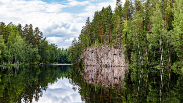 Wallpaper Trees, Blue, Sky, White, Forest, Nature, Clouds, River, Rock, Under, Desktop, Reflection, Mountains, Mobile