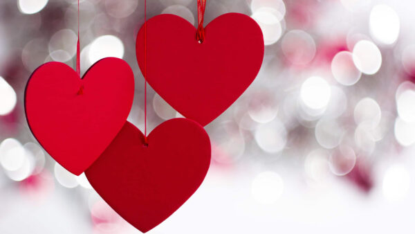 Wallpaper Bokeh, Valentine, Hanging, Red, Hearts, Three, Background, White