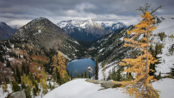 Wallpaper View, Desktop, Under, Sky, With, Aerial, Winter, Snow, Cloudy, Montains, Lake, Around