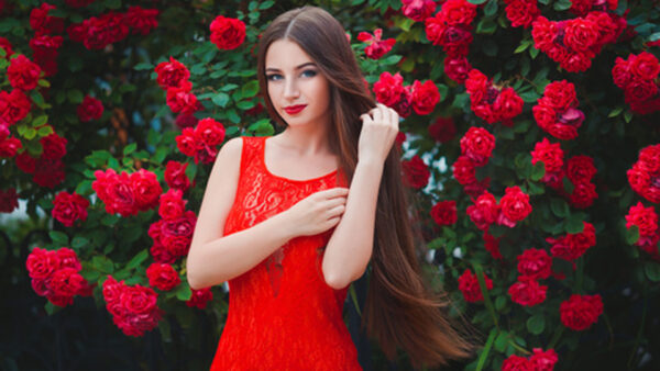 Wallpaper Blue, Rose, Black, Plants, Eyes, Girl, Flowers, Red, Netted, Beautiful, Hair, Long, Dress, Model, Girls, Wearing, Stunning, Background, Standing