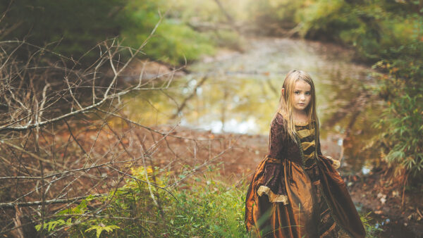 Wallpaper Girl, Wearing, Background, Brown, Dress, Standing, Desktop, Cute, Forest, Little, Green