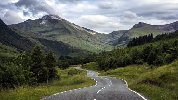 Wallpaper Zigzag, Bushes, Grass, Green, Landscape, Between, Mountain, Trees, White, Clouds, Plants, Nature, Greenery, Background, Sky, Road, And, View