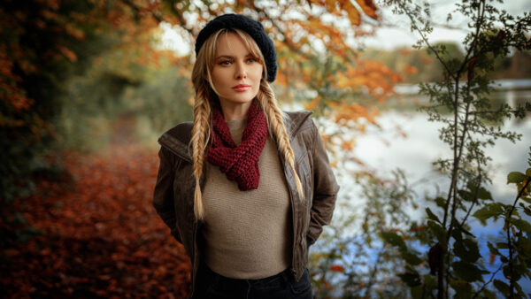 Wallpaper Branches, Autumn, Cap, Hair, And, Background, Standing, Blue, White, Trees, Girl, Beautiful, Jacket, Colorful, Wearing, Jeans, Model, Girls