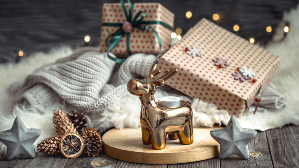 Wallpaper Gift, Toy, Christmas, Lights, Boxes, Deer, Golden