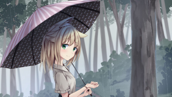 Wallpaper Girl, Eyes, Rain, Under, Background, Umbrella, Green, Anime