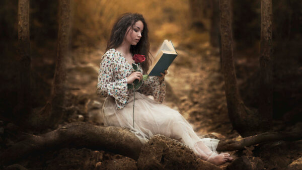 Wallpaper And, Wood, Girl, Wearing, With, Rose, Dress, Girls, Book, Flower, White, Model, Sitting, Trunk