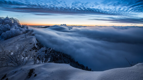 Wallpaper Scenery, Under, Covered, Blue, Beautiful, Black, Mountains, Clouds, Sky, Snow, Trees, Winter