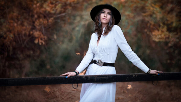 Wallpaper Forest, Standing, Dress, Nature, Model, Girl, Hat, Wearing, Black, Background, And, Beautiful, White, Blur