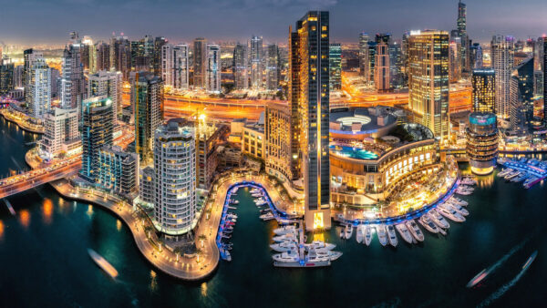 Wallpaper Travel, Night, City, Road, Dubai, Building, Yacht, Skyscraper