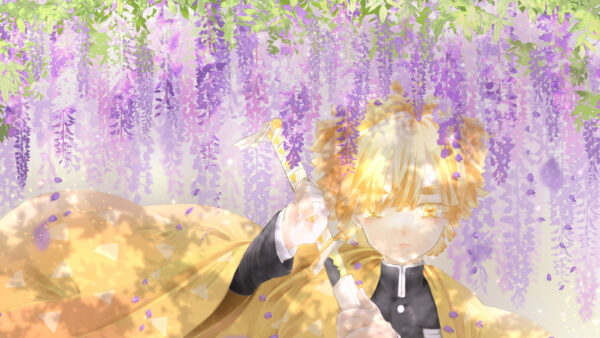 Wallpaper Anime, Agatsuma, Slayer, Green, Demon, Flowers, Desktop, Under, And, Purple, Zenitsu, Leaves