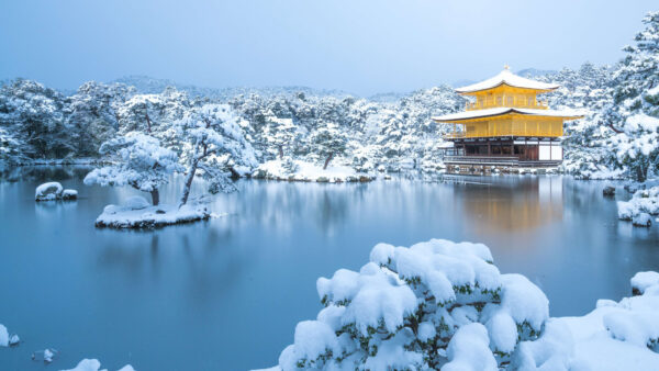 Wallpaper Kinkaku-ji, Winter, With, Kyoto, Lake, During, Japan, Snow, Travel, Temple