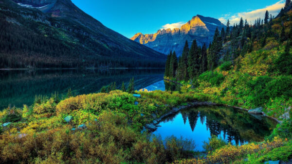 Wallpaper Blue, And, Sky, Mountains, Between, Mountain, Landscape, View, Desktop, Under, Nature, River, Green, Trees