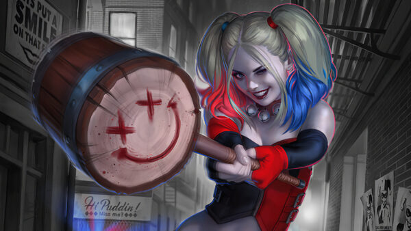Wallpaper Having, Hammer, And, Hair, Quinn, Blue, Red, Desktop, Harley, Mobile, Colors, With