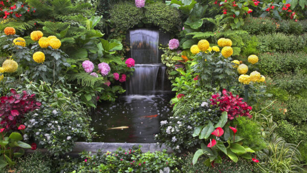 Wallpaper Desktop, Florals, Waterfall, And, Garden, Small, With