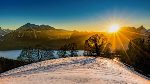 Wallpaper Blue, Mobile, Under, Mountains, Sunrise, Desktop, Background, Trees, Sky, River