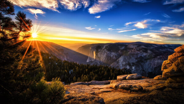 Wallpaper Mountains, Landscape, Forest, Sunrays, View, Trees, Green, Background, Blue, Sky, Nature