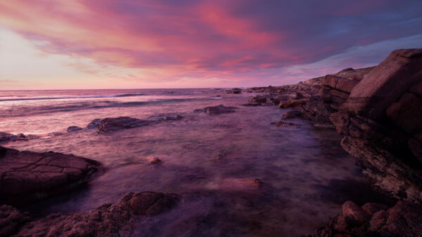 Wallpaper Mobile, Desktop, During, Nighttime, Ocean, Stones, Rocks, Waves, Clouds, Blue, Yellow, Under, Black, Sky, Nature, Light