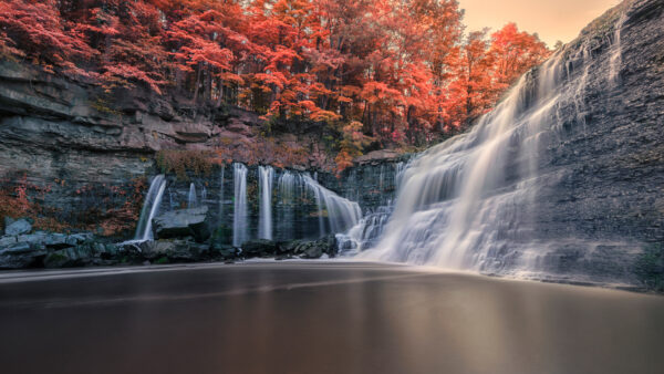 Wallpaper View, Scenery, Nature, During, Red, Daytime, Autumn, Beautiful, Stream, Mobile, Trees, Desktop, Reflection, Leaves, Water, Rocks, Waterfall