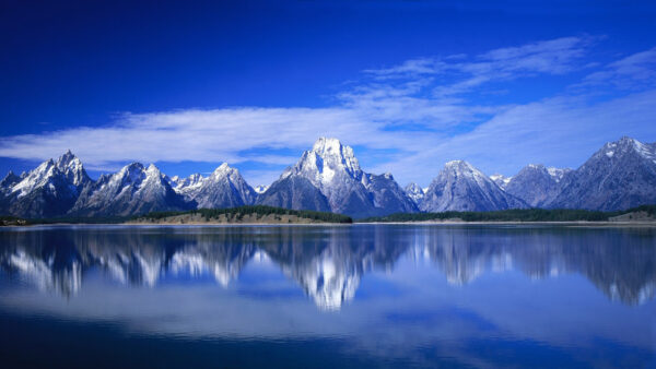 Wallpaper Nature, Landscape, Mountains, Blue, View, Covered, White, Sky, Background, Water, Reflection, Clouds