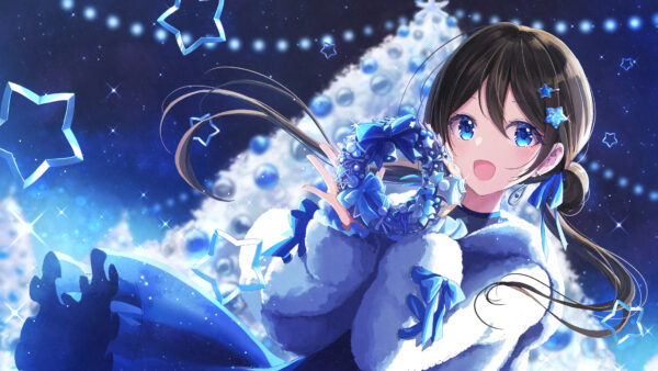 Wallpaper Girl, Blue, White, Snow, With, Dress, Eyes, Anime, Tree, Background