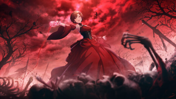 Wallpaper Dress, Sky, Beautiful, Standing, With, Clouds, Girl, Red, Anime, Background