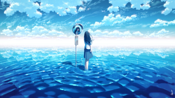 Wallpaper Girl, Reflection, Water, Anime, Background, Blue, Sky, Horizon