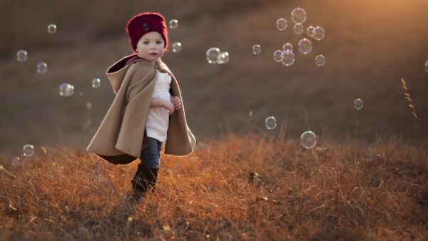 Wallpaper Background, Field, Girl, Top, White, Bubbles, Wearing, Dry, Grass, Overcoat, Little, Jeans, And, Blue, Cute, Standing, Brown