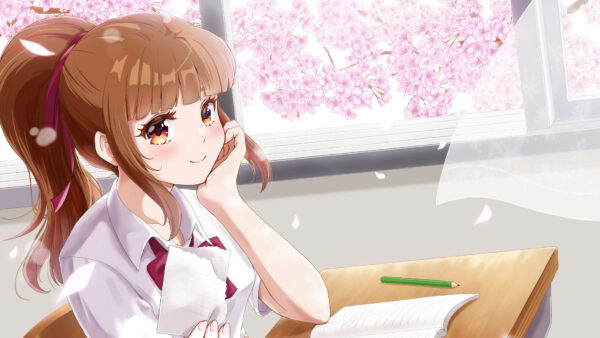 Wallpaper Girl, Flowers, Uniform, Blossom, Anime, School, Pink