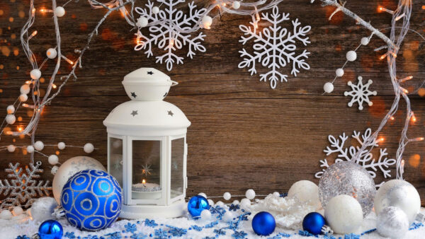 Wallpaper Light, White, Blue, Snowflakes, Balls, Decoration, Christmas, Lantern