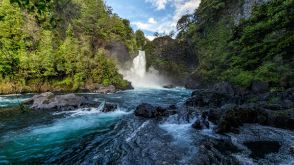 Wallpaper Pouring, Mobile, Scenery, Trees, River, Green, Background, Rocks, Clouds, Desktop, Sky, Blue, Forest, Waterfall, White