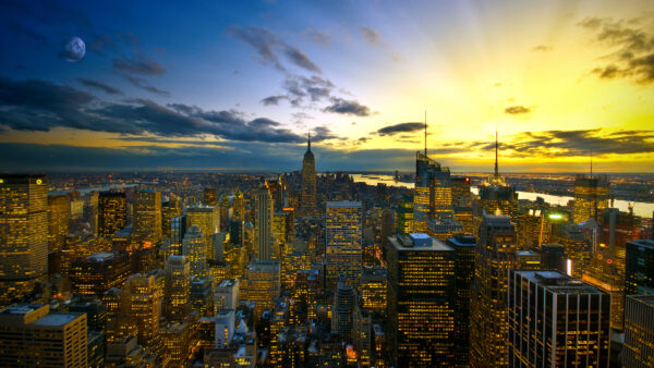 Wallpaper New, Buildings, Yellow, During, With, Sunset, Skyscraper, York, Lights, Desktop