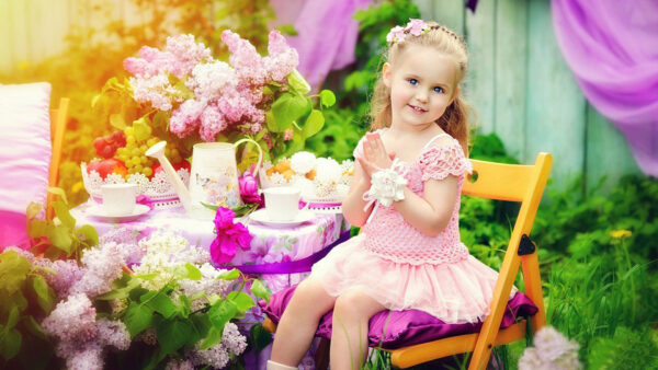 Wallpaper Dress, Pink, Wood, Beautiful, Near, Chair, Girl, Cute, Little, Sitting, Table, Wearing